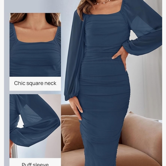 Sexy Ruched Bodycon Midi dress in blue with long Puff sleeve square neck size XL - Picture 3 of 6